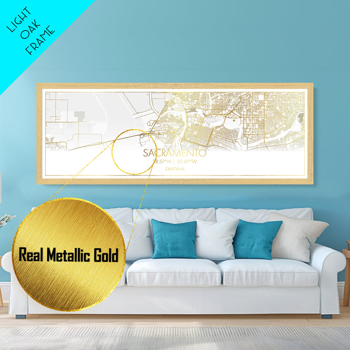 Sacramento California City Poster, Panoramic street map, black and gold, Metallic Gold Art, Metal Art, wood framed map, Minimalist Wall Art