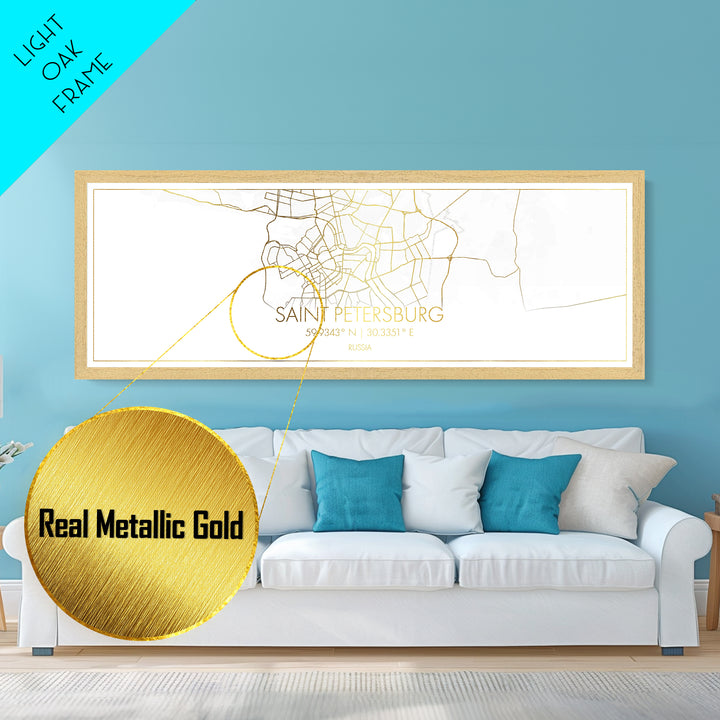 Saint Petersburg Russia City street map, Panoramic art, black and gold, Metallic Gold Print, Metal Art, real wood frames, Housewarming Gift