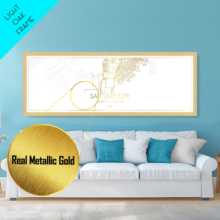 Salt Lake City Utah map, Panoramic art, black and gold, Metallic Gold Print, Metal Art, real wood frames, Modern Wall Art, Map Print Poster