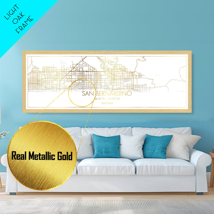 San Bernardino California City street map, Panoramic art, black and gold, Metallic Gold Print, Metal Art, real wood frames, Modern House Art