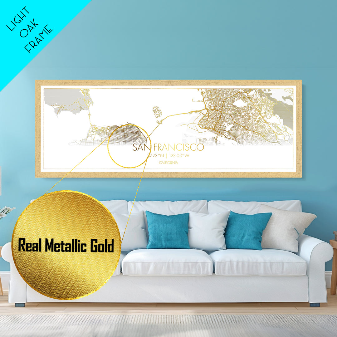 San Francisco California City street map, Panoramic art, black and gold, Metallic Gold Print, Metal Art, real wood frames, Housewarming Gift