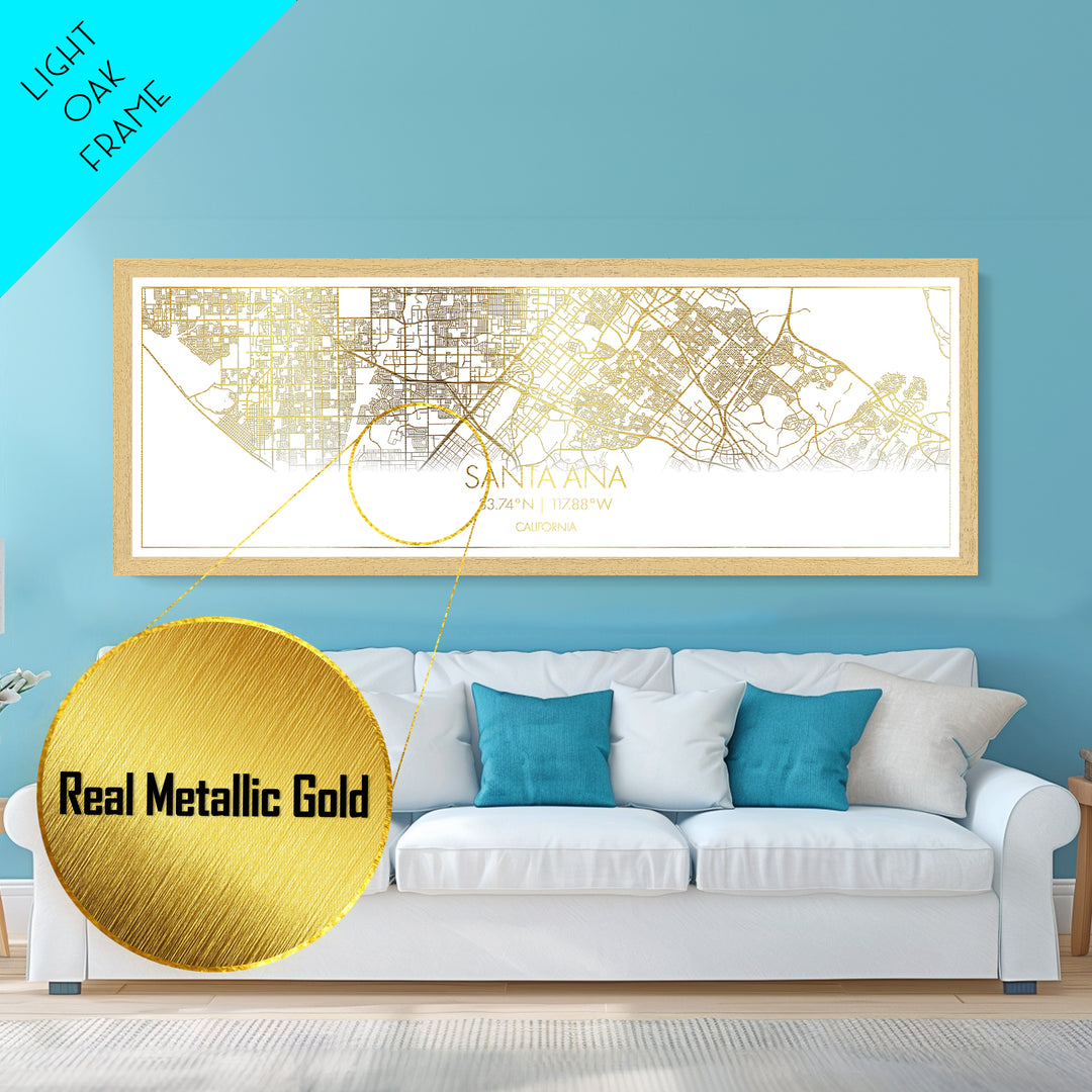 Santa Ana California City street map, Panoramic art, black and gold, Metallic Gold Print, Metal Art, real wood frames, Office Décor