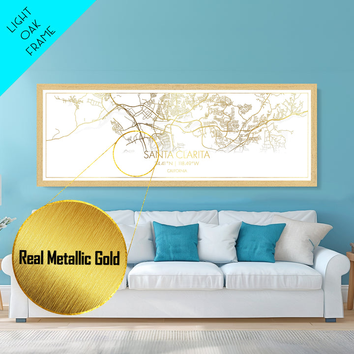 Santa Clarita California City Poster, Panoramic street map, black and gold, Metallic Gold Art, Metal Art, wood framed map, Street Map Art