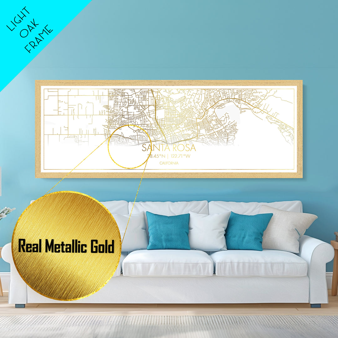 Santa Rosa California City street map, Panoramic art, black and gold, Metallic Gold Print, Metal Art, real wood frames, College Dorm Décor