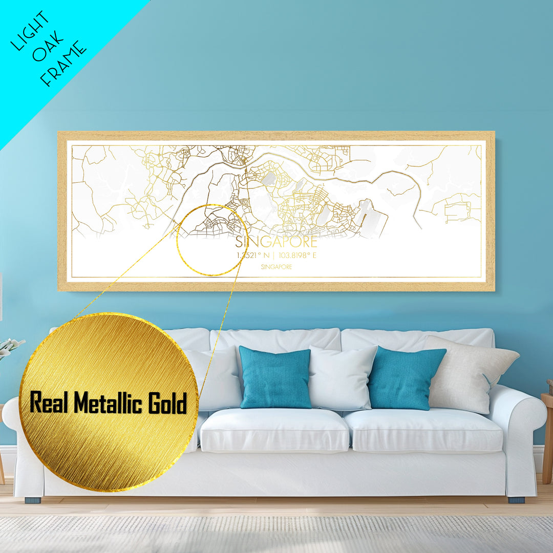 Singapore Singapore City Poster, Panoramic street map, black and gold, Metallic Gold Art, Metal Art, wood framed map, Office Décor