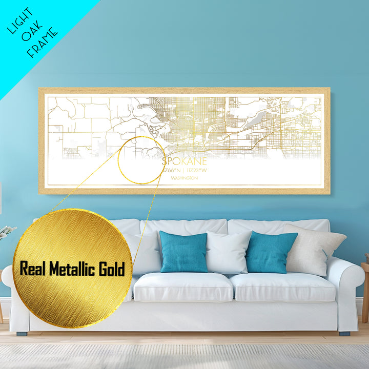 Spokane Washington City street map, Panoramic art, black and gold, Metallic Gold Print, Metal Art, real wood frames, Office Décor