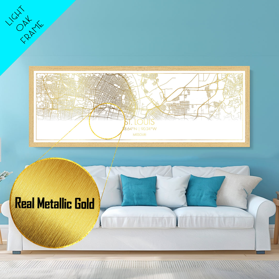 St. Louis Missouri map, Panoramic art, black and gold, Metallic Gold Print, Metal Art, real wood frames, Housewarming Gift, Map Print Poster