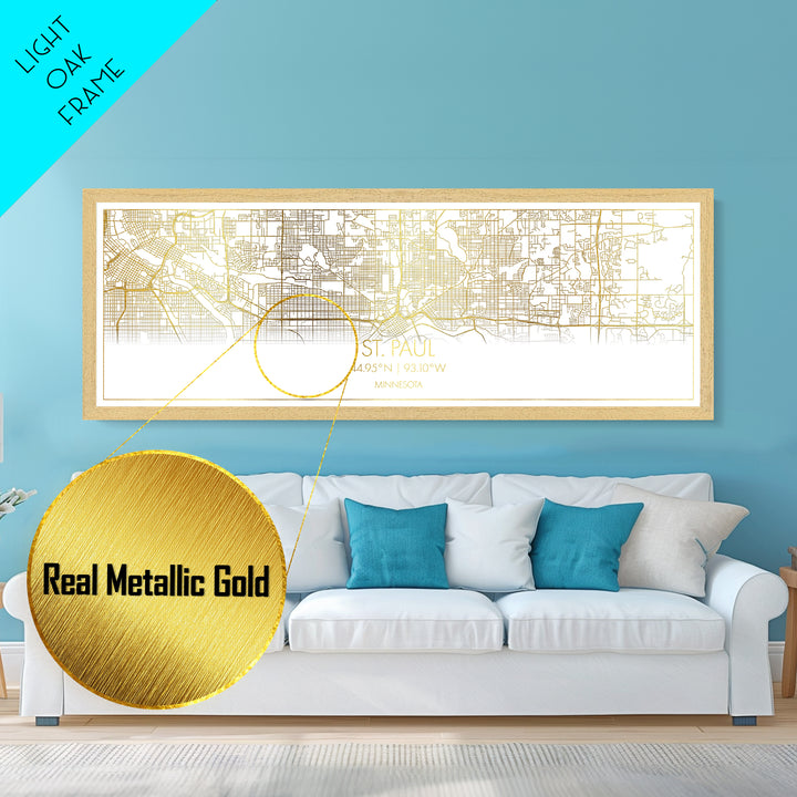 St. Paul Minnesota City Poster, Panoramic street map, black and gold, Metallic Gold Art, Metal Art, wood framed map, Office Decor, Wall Art