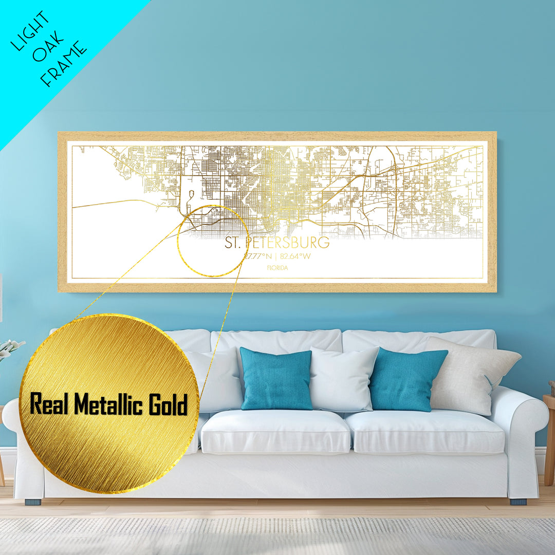St. Petersburg Florida City street map, Panoramic art, black and gold, Metallic Gold Print, Metal Art, real wood frames, Map Print Poster