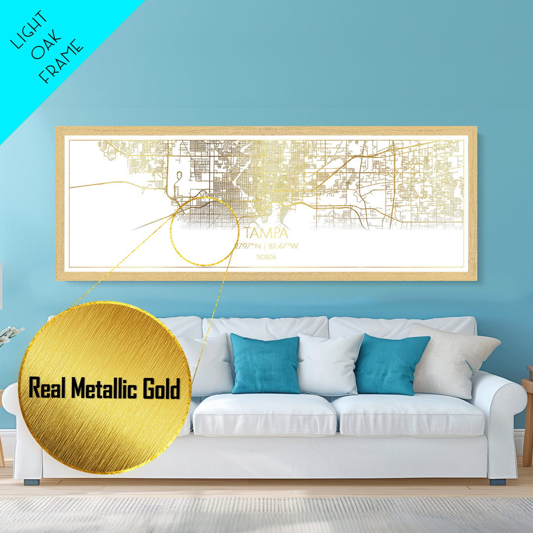 Tampa Florida map, Panoramic art, black and gold, Metallic Gold Print, Metal Art, real wood frames, Best Friend Gifts, Street Map Art