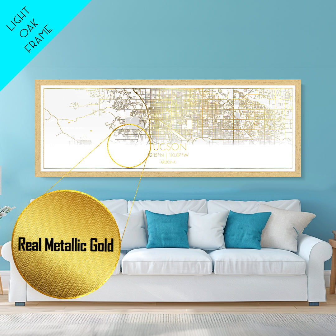 Tucson Arizona City street map, Panoramic art, black and gold, Metallic Gold Print, Metal Art, real wood frames, Housewarming Gift