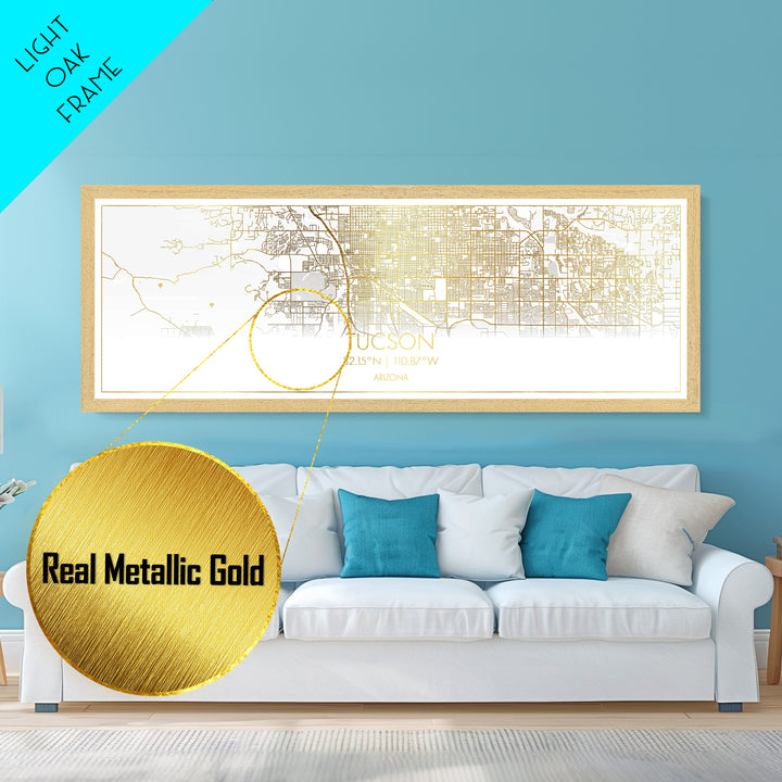Tucson Arizona City street map, Panoramic art, black and gold, Metallic Gold Print, Metal Art, real wood frames, Housewarming Gift