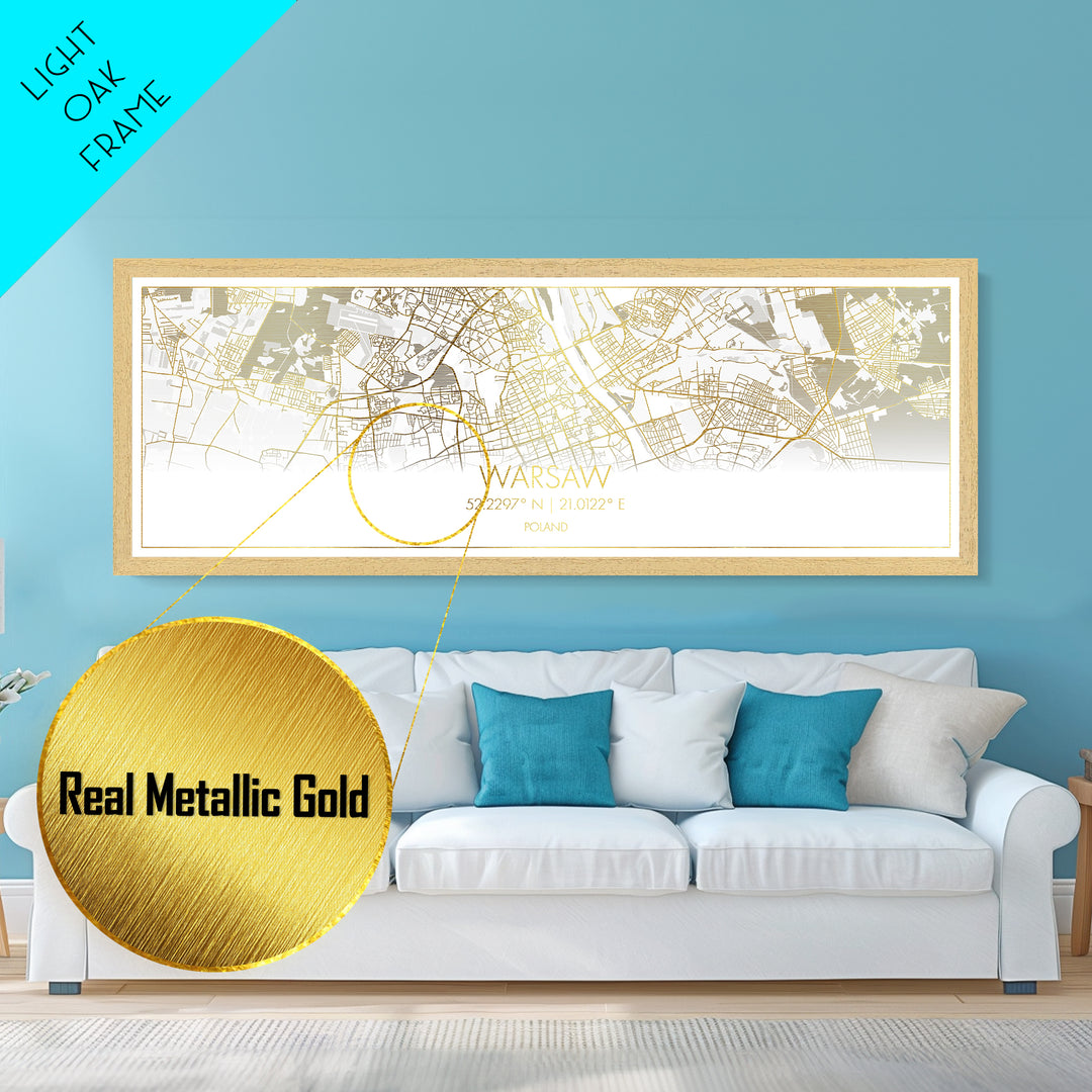 Warsaw Poland City street map, Panoramic art, black and gold, Metallic Gold Print, Metal Art, real wood frames, College Dorm Décor