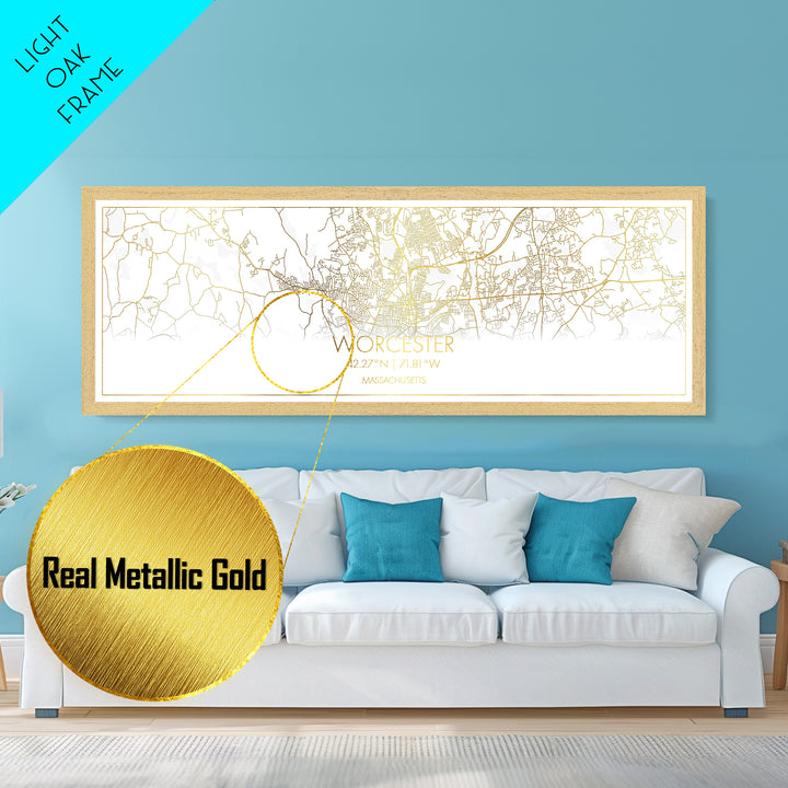 Worcester Massachusetts City Poster, Panoramic street map, black and gold, Metallic Gold Art, Metal Art, wood framed map, Office Décor