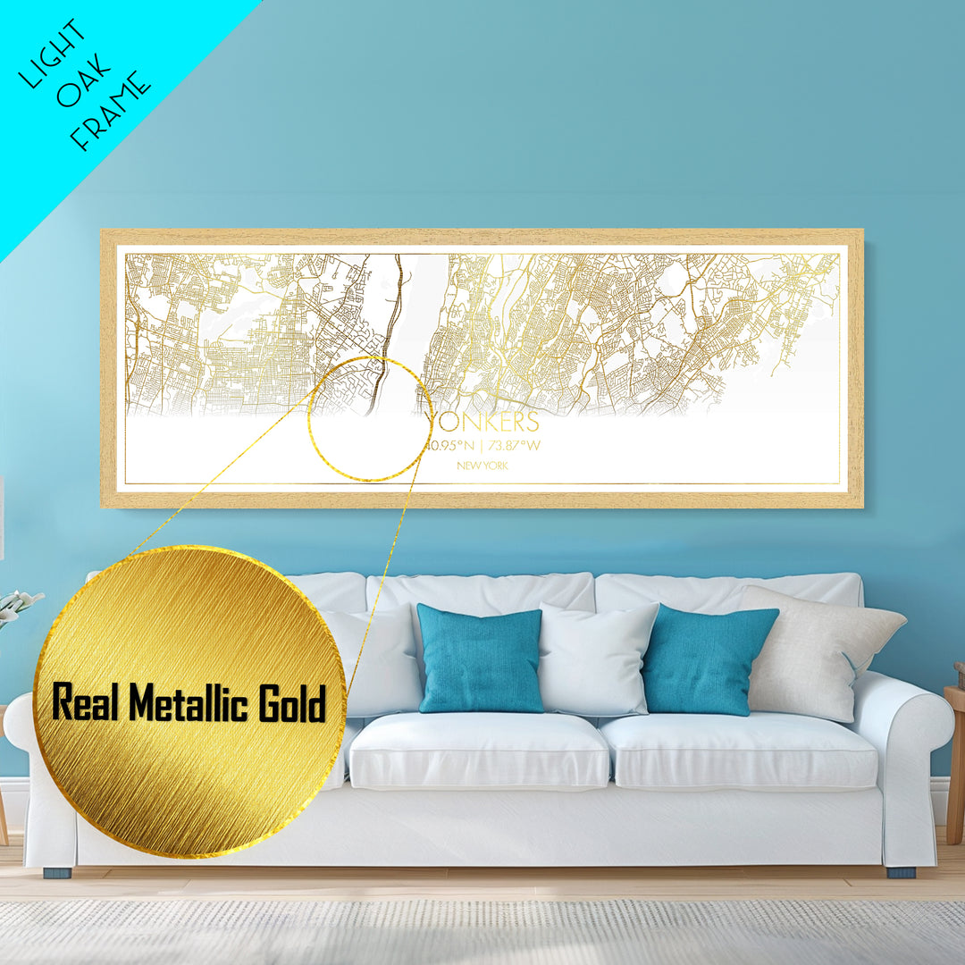 Yonkers New York City street map, Panoramic art, black and gold, Metallic Gold Print, Metal Art, real wood frames, Modern House Art