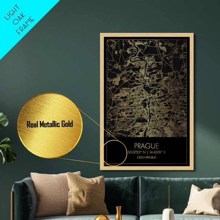 Prague Czech Republic City street map, Metallic Gold Print, Metal Art, wood framed map, black and gold, Street Map Wall Art, Modern Wall Art