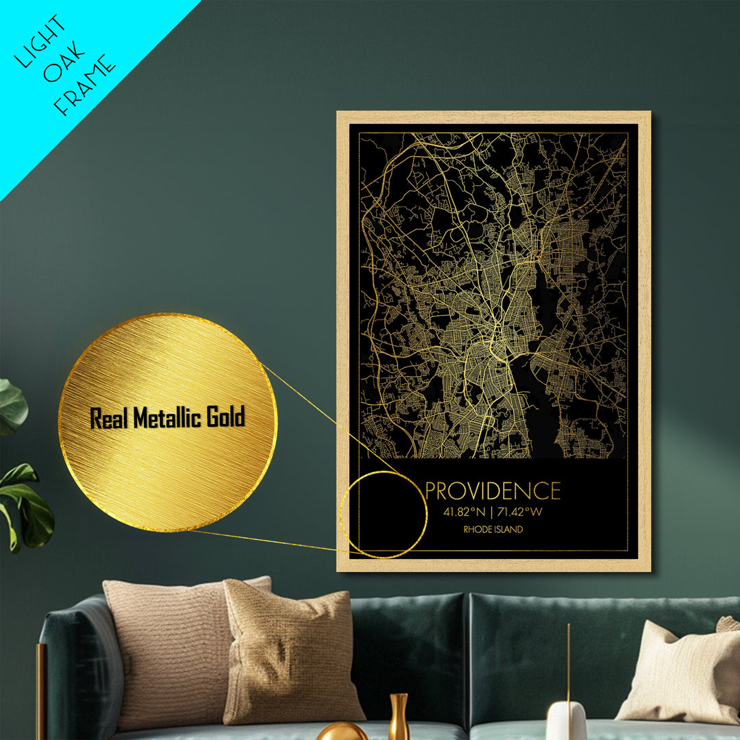Providence Rhode Island City Poster, Metallic Gold Art, Metal Art, real wood frames, black and gold, Gold Street Map Art, Housewarming Gift