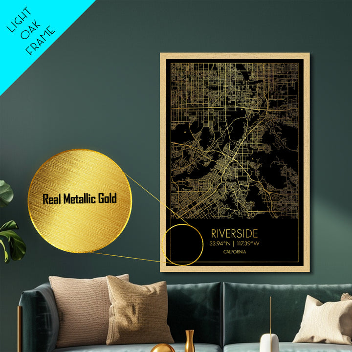 Riverside California City Poster, Metallic Gold Art, Metal Art, real wood frames, black and gold, Modern House Art, Office Decor
