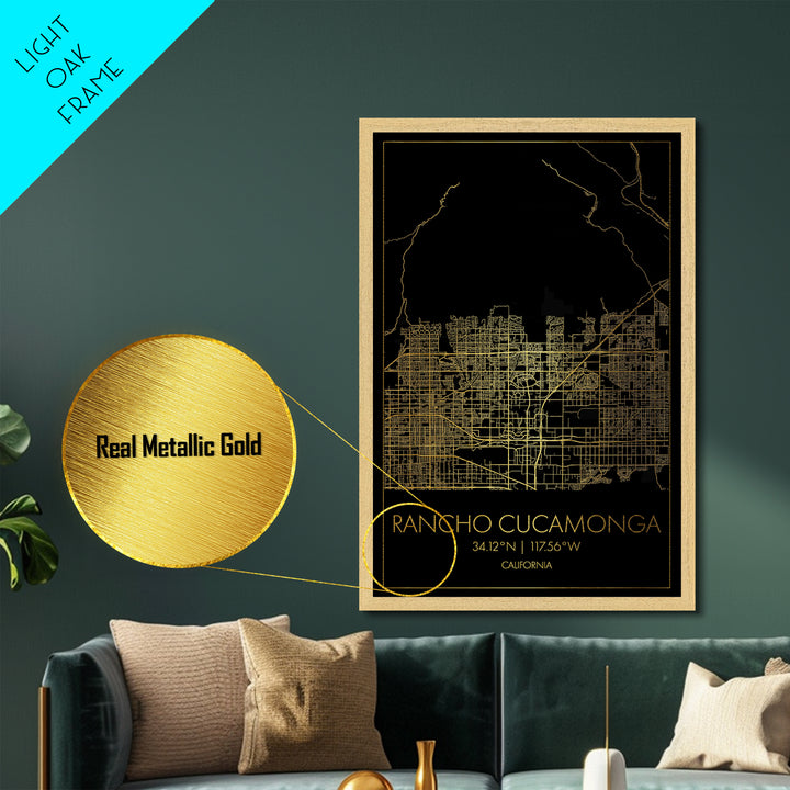 Rancho Cucamonga California City Poster, Metallic Gold Art, Metal Art, real wood frames, black and gold, Minimalist Wall Art, Street Map Art