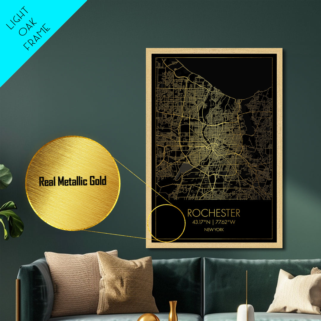 Rochester New York City street map, Metallic Gold Print, Metal Art, wood framed map, black and gold, Map Art, Closing Gift