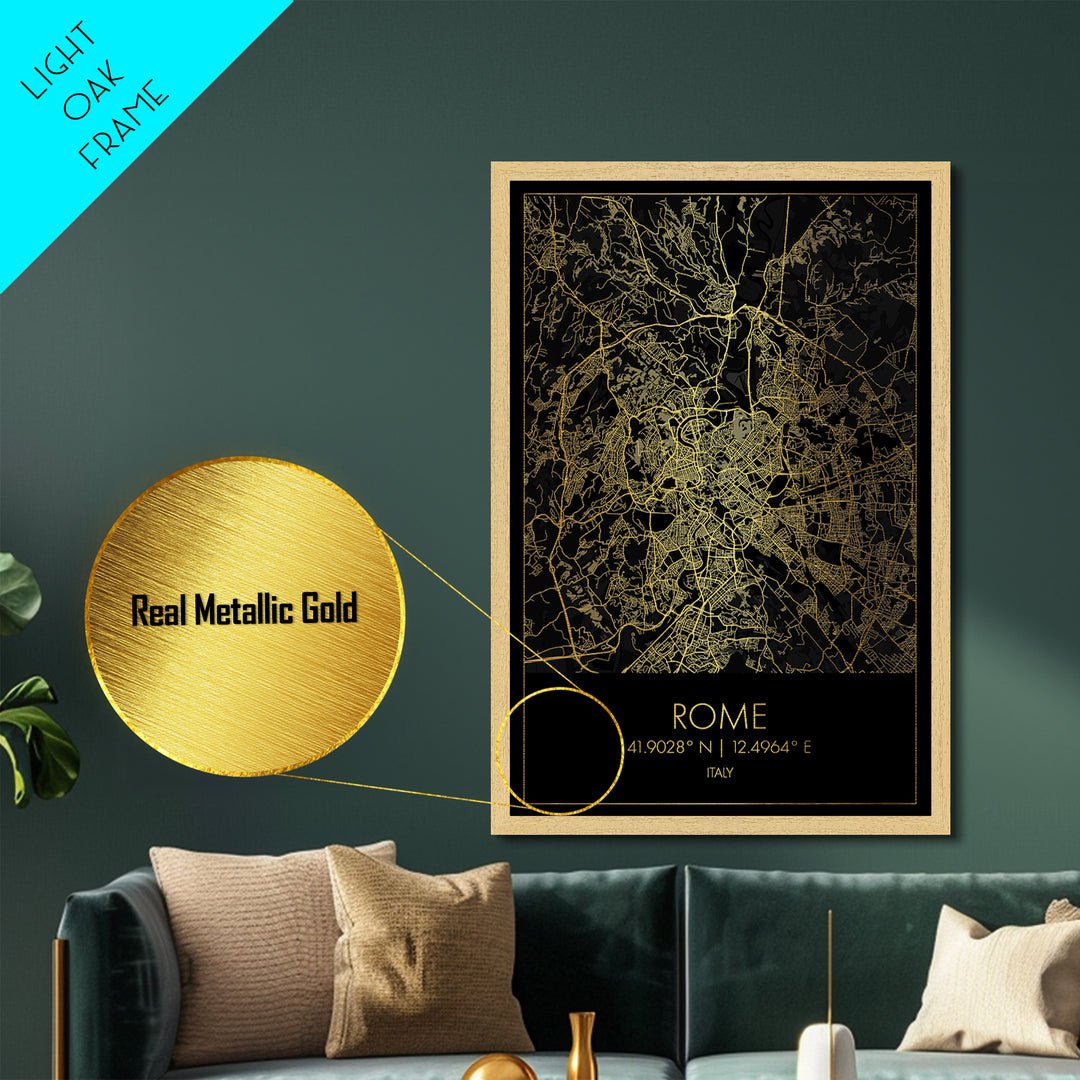 Rome Italy City Poster, Metallic Gold Art, Metal Art, real wood frames, black and gold, Street Map Wall Art, Housewarming Gift