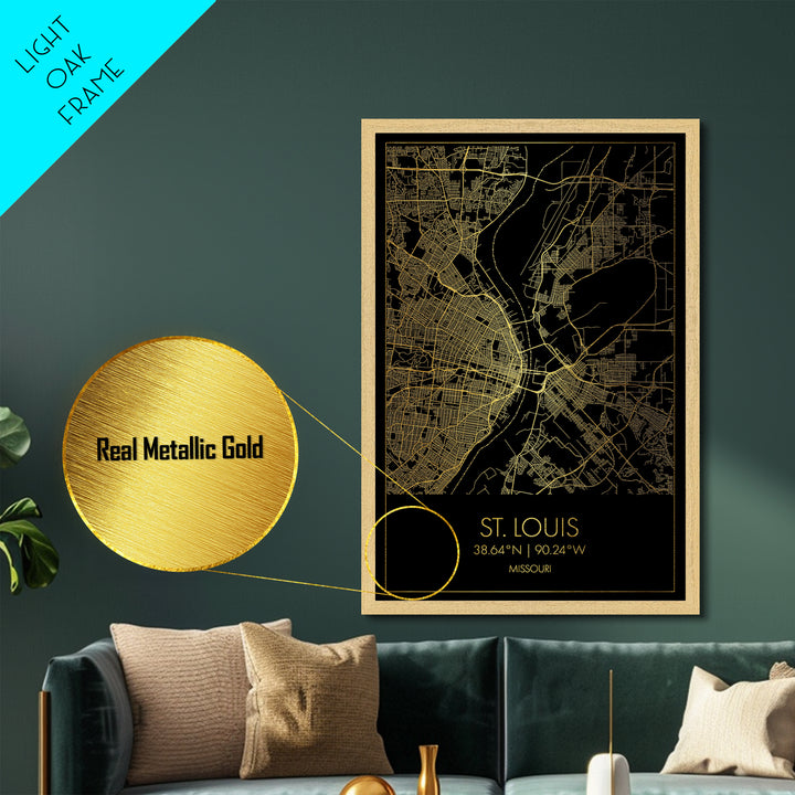 St. Louis Missouri City Poster, Metallic Gold Art, Metal Art, real wood frames, black and gold, Street Map Art, Modern House Art