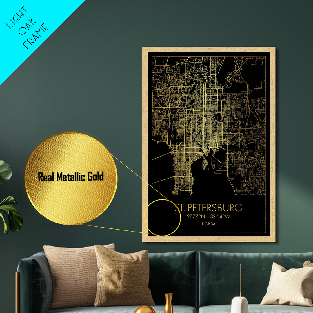 St. Petersburg Florida City Poster, Metallic Gold Art, Metal Art, real wood frames, black and gold, Map Art, Best Friend Gifts