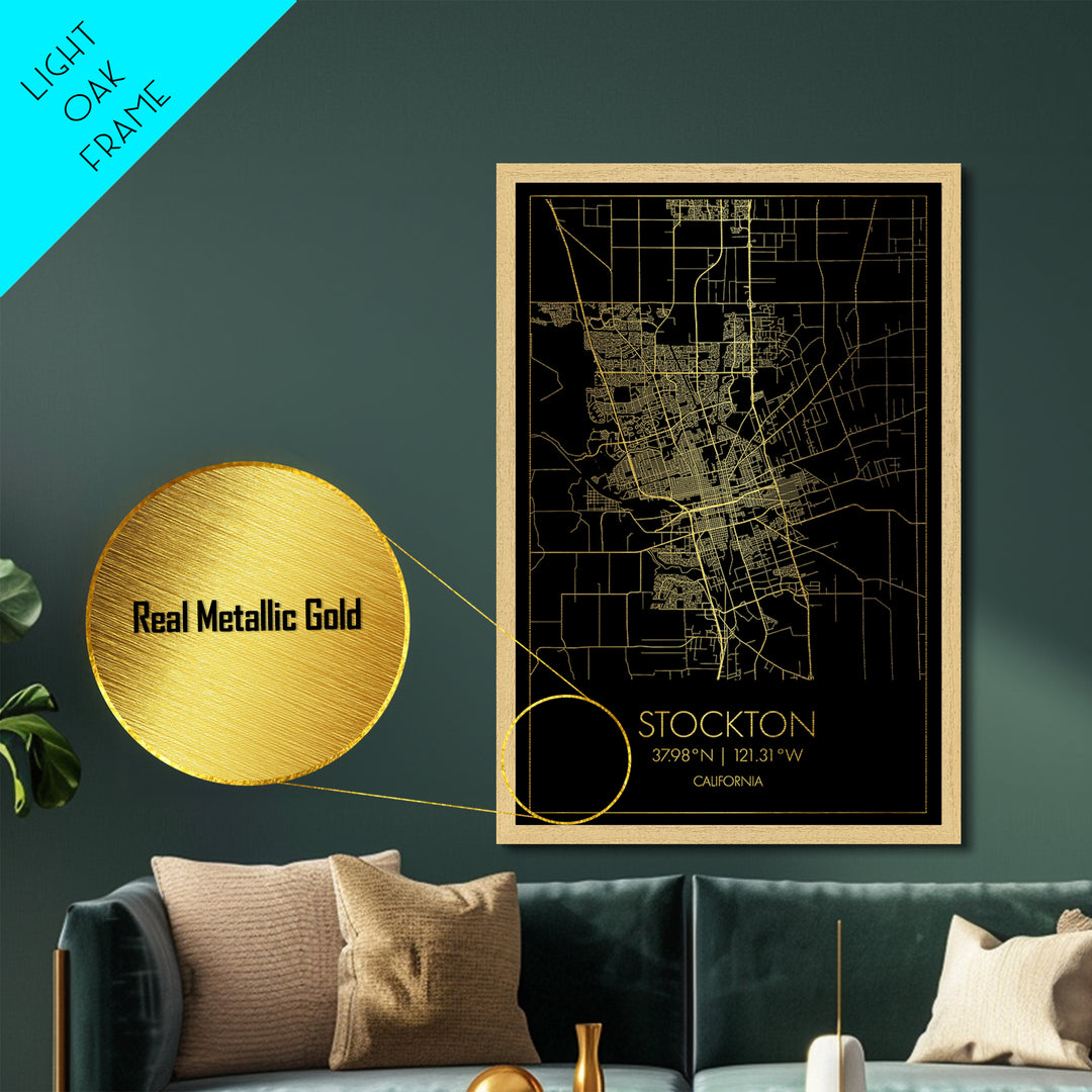 Stockton California City street map, Metallic Gold Print, Metal Art, wood framed map, black and gold, Street Map Art, Office Decor