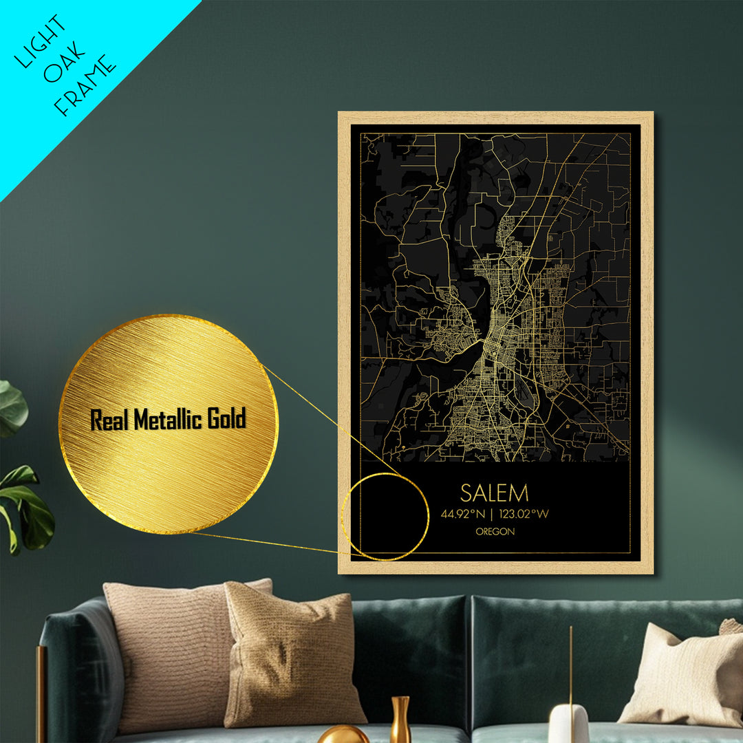 Salem Oregon City street map, Metallic Gold Print, Metal Art, wood framed map, black and gold, Street Map Art, Office Decor