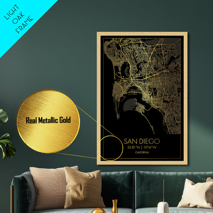 San Diego California City street map, Metallic Gold Print, Metal Art, wood framed map, black and gold, Map Art, Housewarming Gift