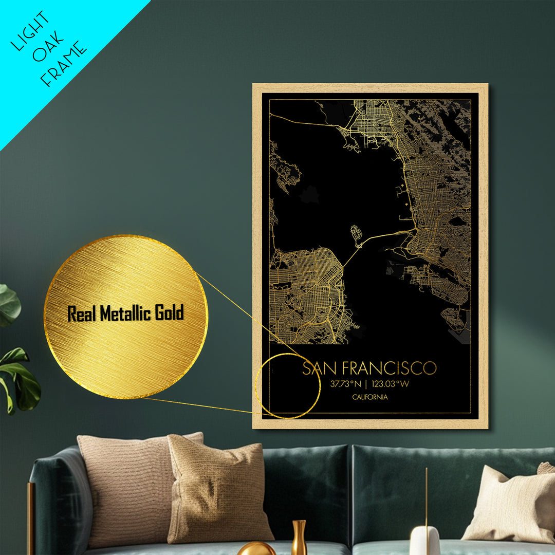 San Francisco California City Poster, Metallic Gold Art, Metal Art, real wood frames, black and gold, Gold Street Map Art, Best Friend Gifts