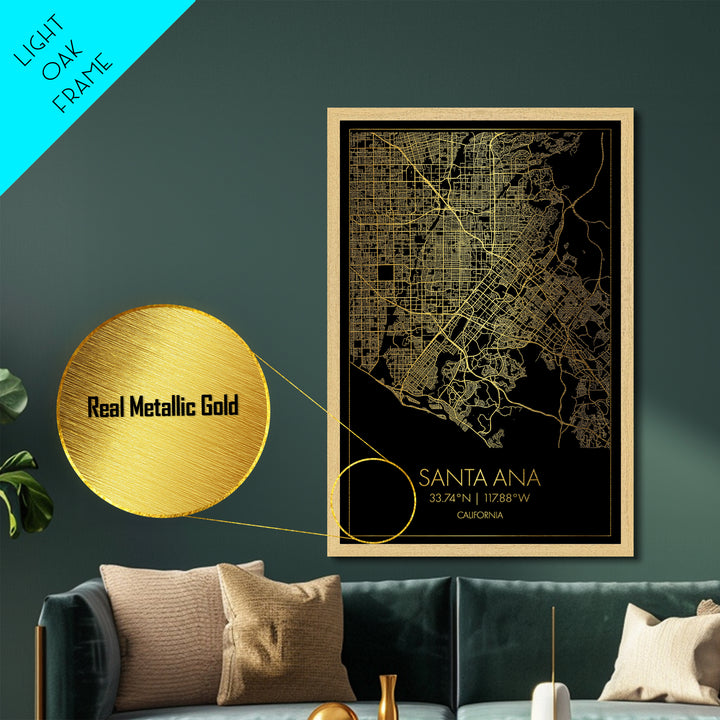 Santa Ana California City Poster, Metallic Gold Art, Metal Art, real wood frames, black and gold, Street Map Art, Modern House Art