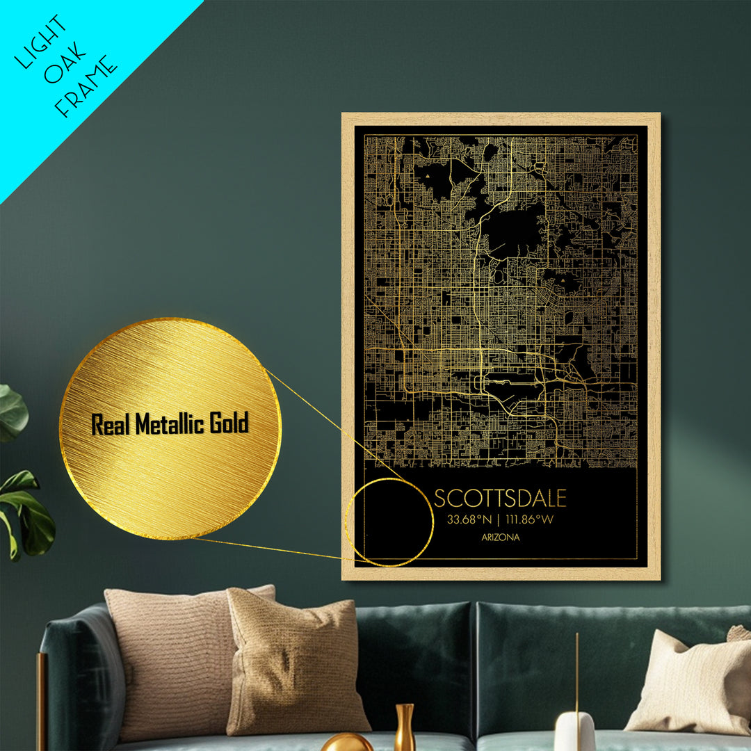 Scottsdale Arizona City street map, Metallic Gold Print, Metal Art, wood framed map, black and gold, Gold Street Map Art, Modern Wall Art