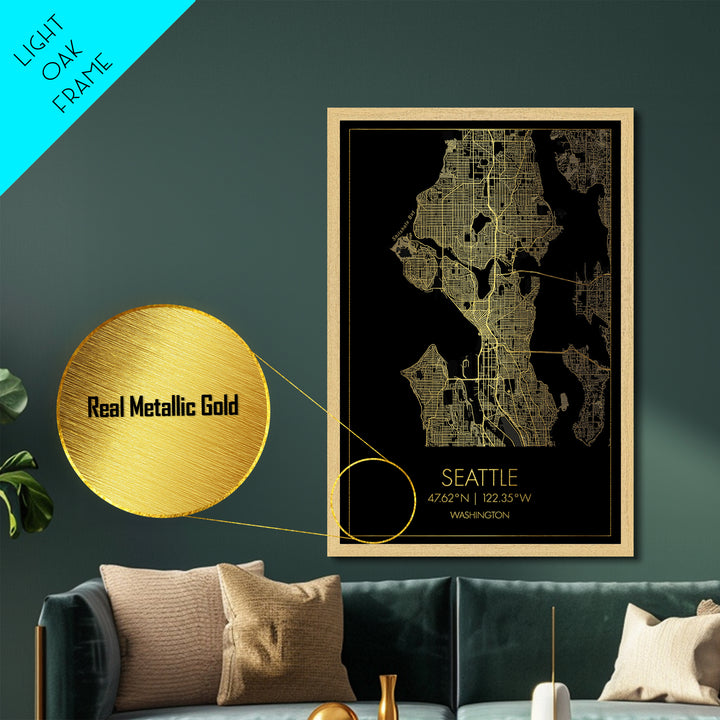 Seattle Washington City Poster, Metallic Gold Art, Metal Art, real wood frames, black and gold, Minimalist Wall Art, Map Print Poster