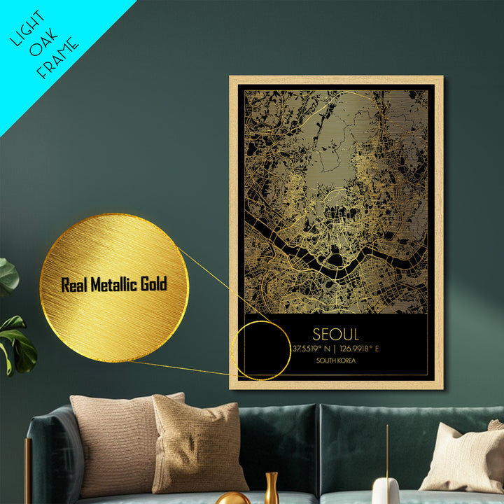 Seoul South Korea City street map, Metallic Gold Print, Metal Art, wood framed map, black and gold, Street Map Art, Office Decor