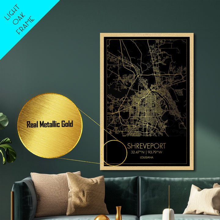 Shreveport Louisiana City Poster, Metallic Gold Art, Metal Art, real wood frames, black and gold, Map Art, Best Friend Gifts