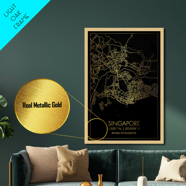 Singapore Singapore City street map, Metallic Gold Print, Metal Art, wood framed map, black and gold, Gold Street Map Art, Modern Wall Art