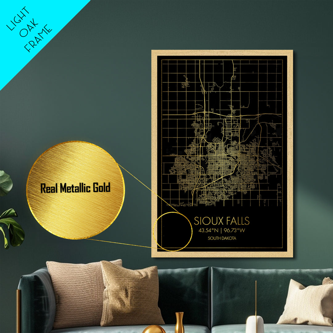 Sioux Falls South Dakota City Poster, Metallic Gold Art, Metal Art, real wood frames, black and gold, Street Map Wall Art, Closing Gift