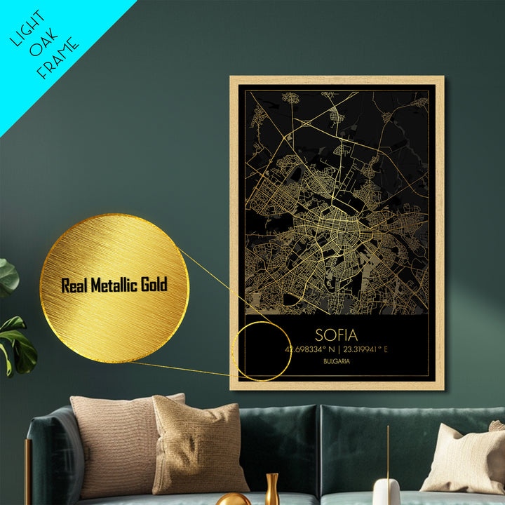Sofia Bulgaria City street map, Metallic Gold Print, Metal Art, wood framed map, black and gold, Map Art, Housewarming Gift