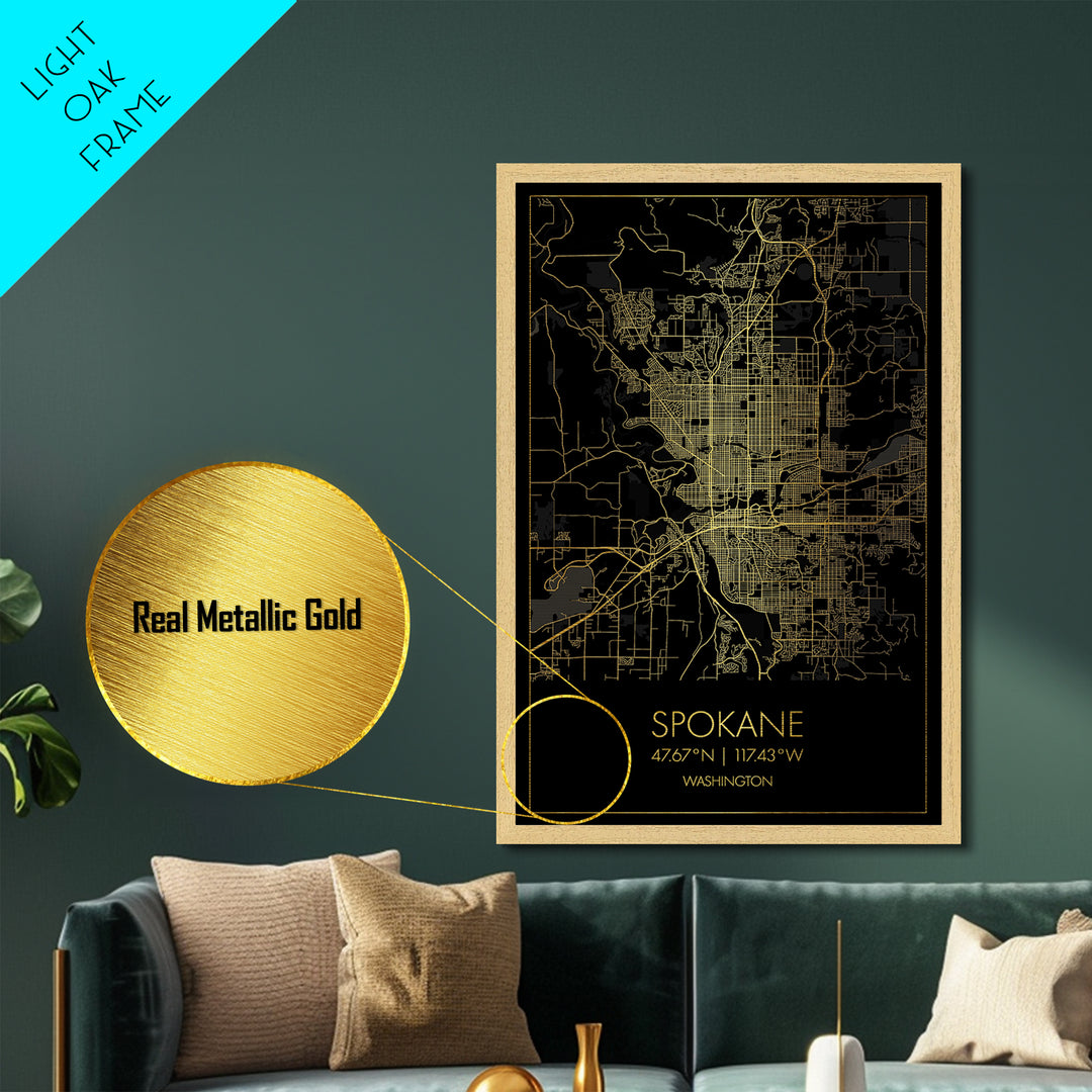 Spokane Washington City Poster, Metallic Gold Art, Metal Art, real wood frames, black and gold, Gold Street Map Art, Best Friend Gifts