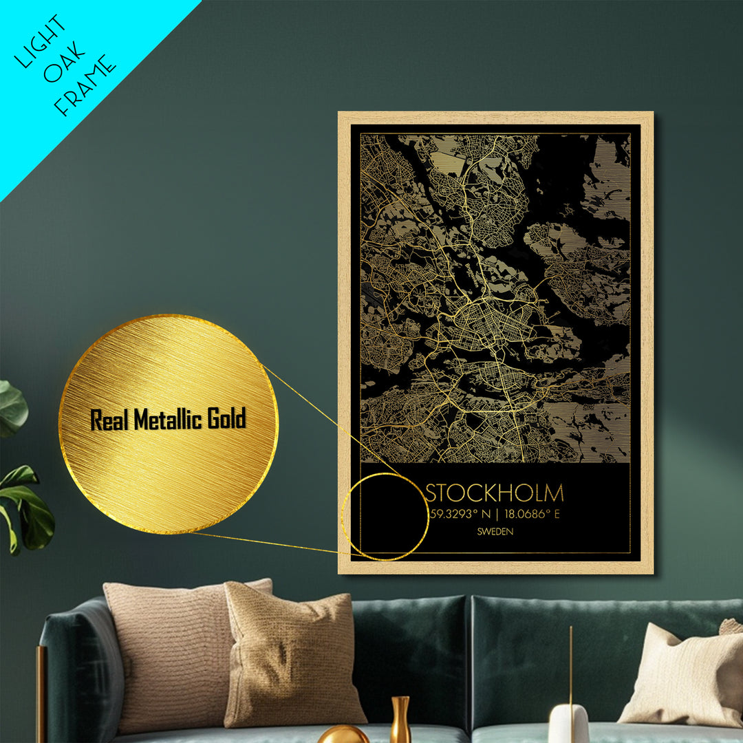 Stockholm Sweden City street map, Metallic Gold Print, Metal Art, wood framed map, black and gold, Gold Street Map Art, Modern Wall Art