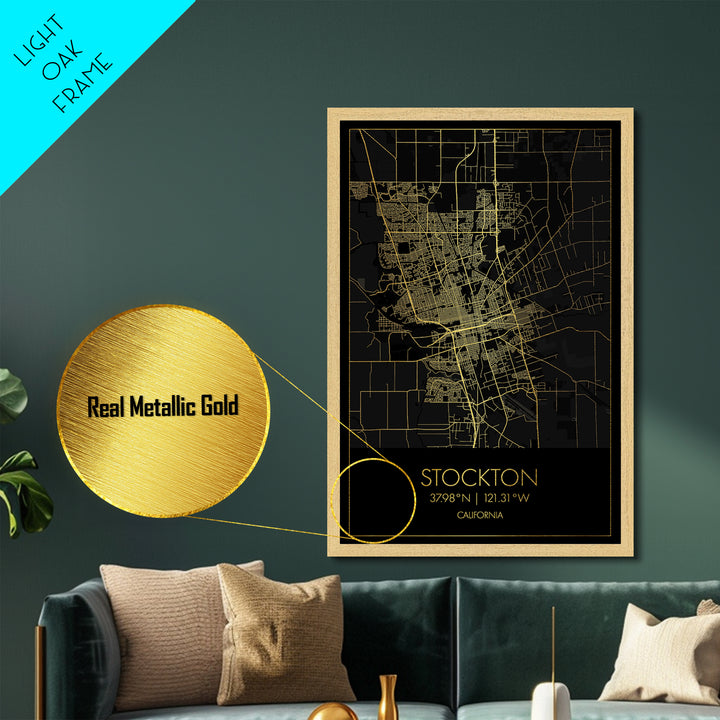 Stockton California City Poster, Metallic Gold Art, Metal Art, real wood frames, black and gold, Minimalist Wall Art, Map Print Poster