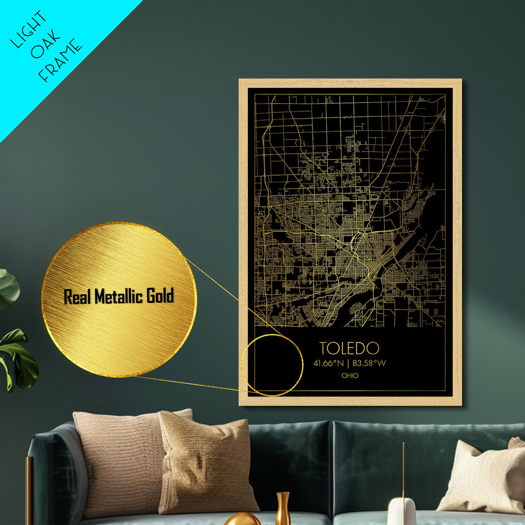 Toledo Ohio City Poster, Metallic Gold Art, Metal Art, real wood frames, black and gold, Street Map Art, Modern House Art
