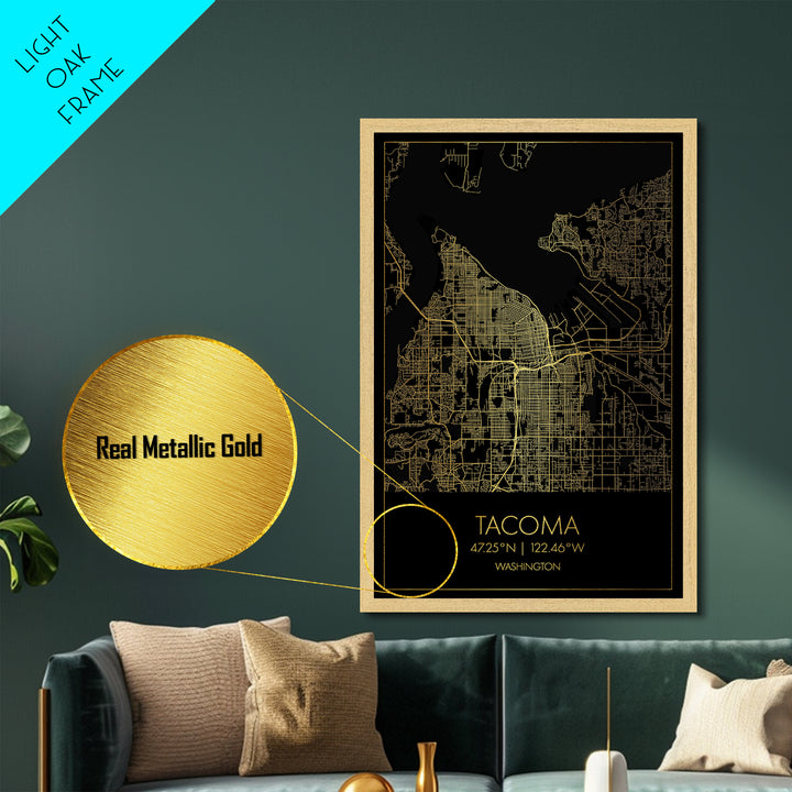 Tacoma Washington City Poster, Metallic Gold Art, Metal Art, real wood frames, black and gold, Map Art, Best Friend Gifts
