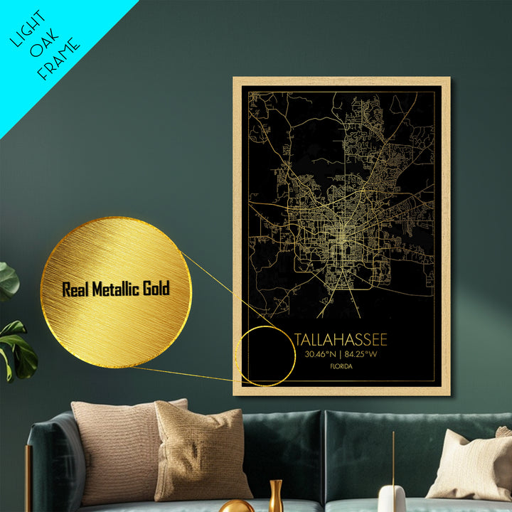 Tallahassee Florida City street map, Metallic Gold Print, Metal Art, wood framed map, black and gold, Gold Street Map Art, Modern Wall Art