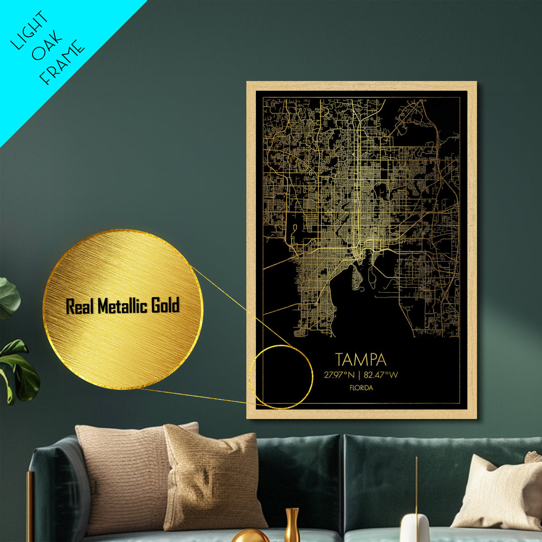 Tampa Florida City Poster, Metallic Gold Art, Metal Art, real wood frames, black and gold, Street Map Wall Art, Closing Gift