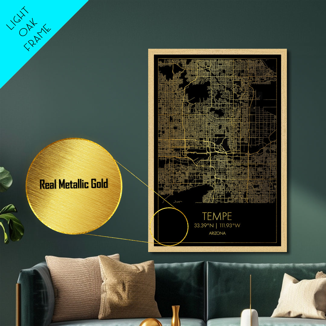 Tempe Arizona City street map, Metallic Gold Print, Metal Art, wood framed map, black and gold, Map Art, Housewarming Gift