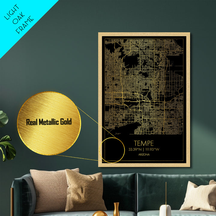 Tempe Arizona City street map, Metallic Gold Print, Metal Art, wood framed map, black and gold, Map Art, Housewarming Gift