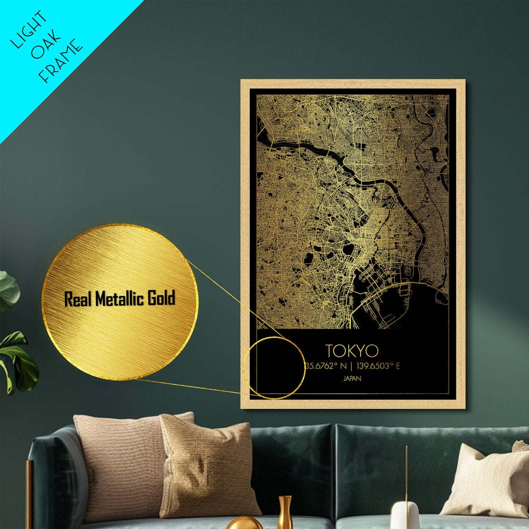 Tokyo Japan City Poster, Metallic Gold Art, Metal Art, real wood frames, black and gold, Gold Street Map Art, Modern Wall Art