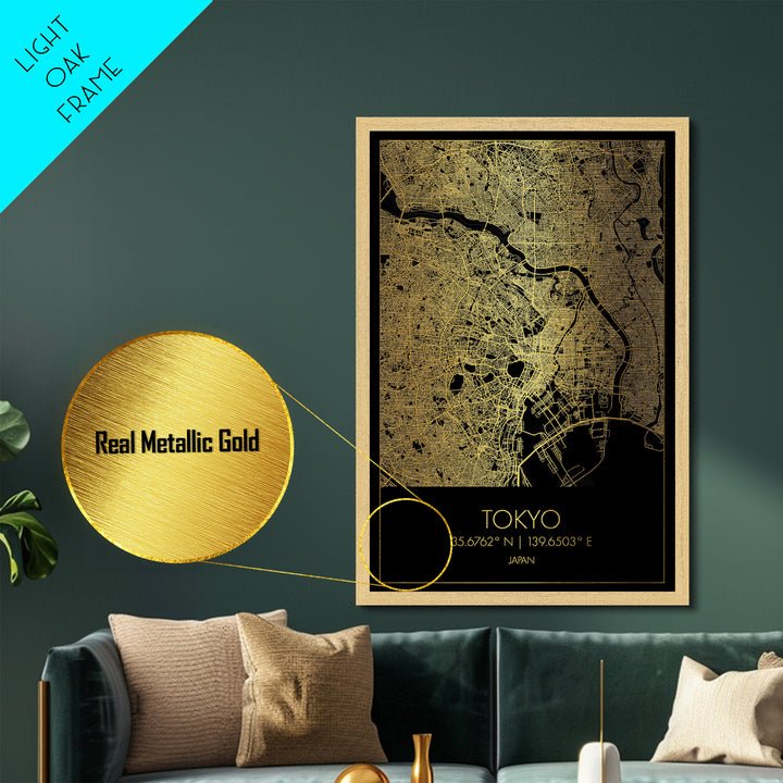 Tokyo Japan City Poster, Metallic Gold Art, Metal Art, real wood frames, black and gold, Gold Street Map Art, Modern Wall Art